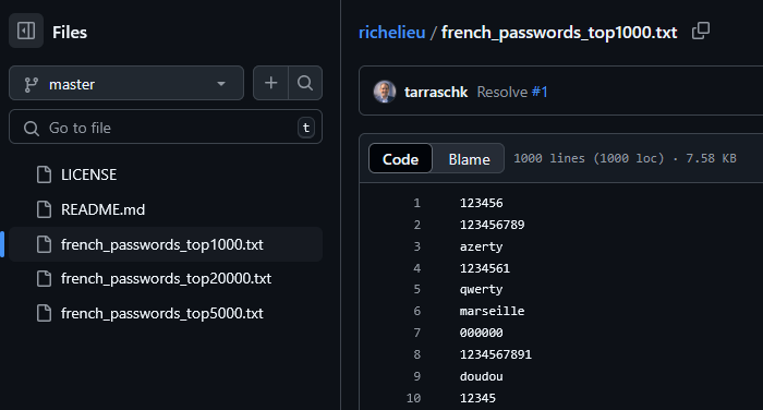 Richelieu, base des mots de passe français les plus utilisés