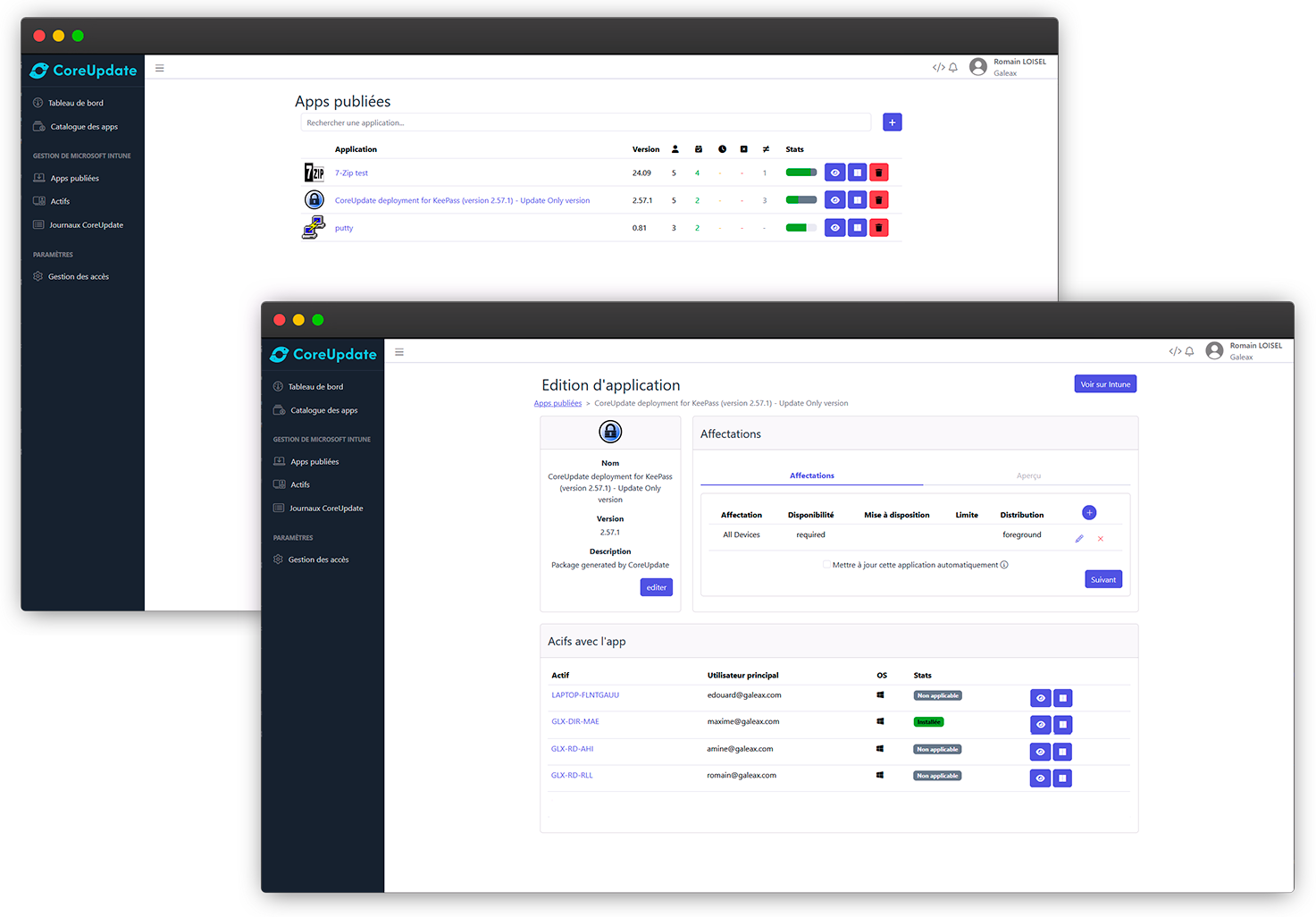 CoreUpdate vous permet de lister toutes vos applications et d'identifier facilement leur état de déploiement
