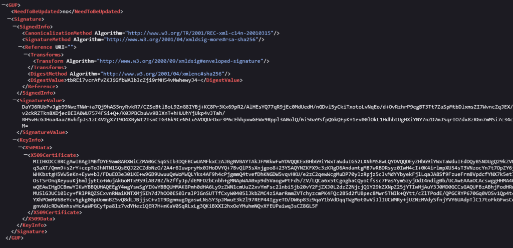 Extrait d'une réponse XML du système de mise à jour de NotePad++, qui a été compromis