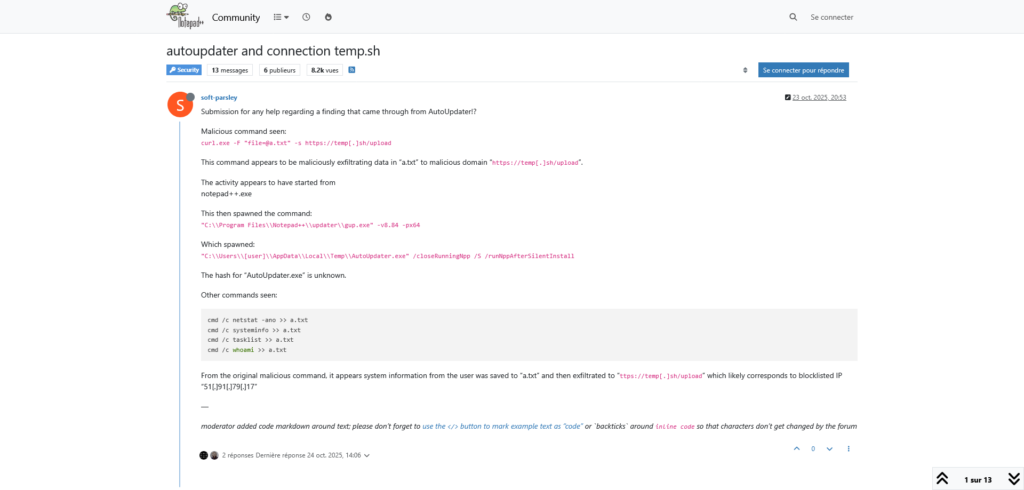 Extrait du forum de NotePad++ où une victime témoigne de comportement suspect sur son poste