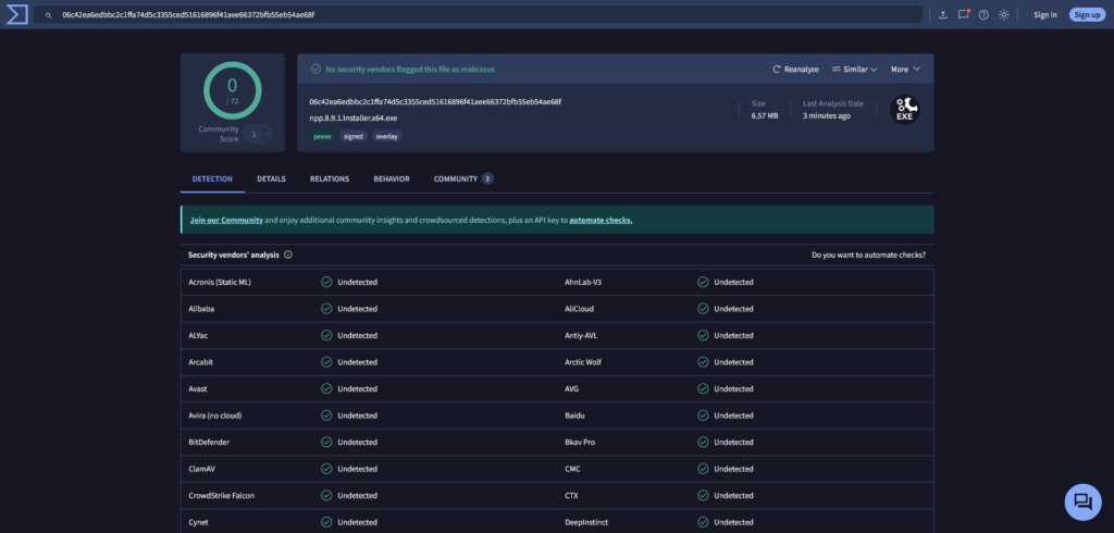 Aucun risque identifié avec VirusTotal sur NotePad++ 8.9.1 déployé avec CoreUpdate