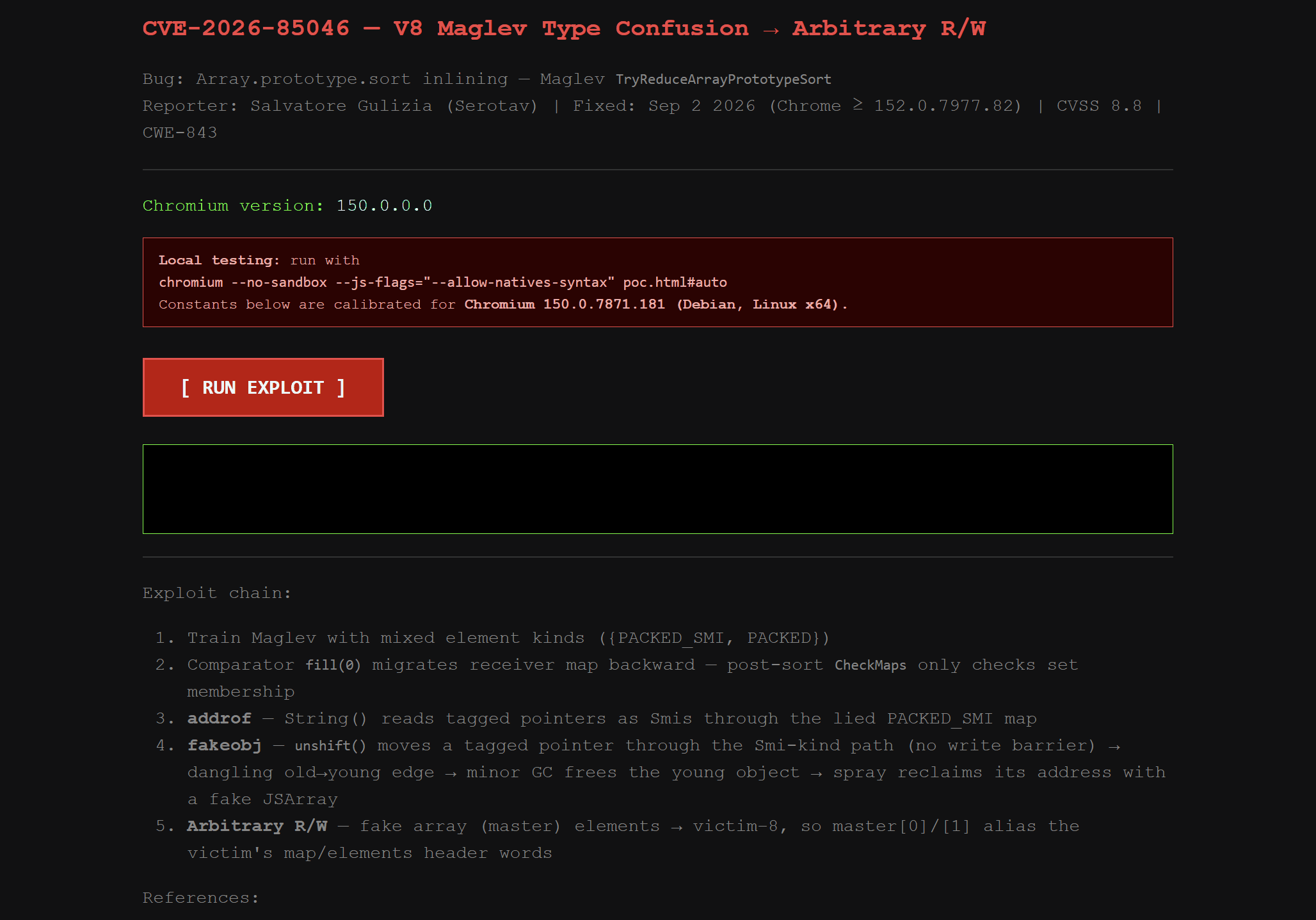 Exécution du POC de la CVE-2026-85046 sur un navigateur Vivaldi vulnérable
