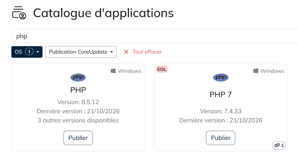 Extrait du catalogue PHP pour Windows avec les mises à jour PHP2Shell de CoreUpdate